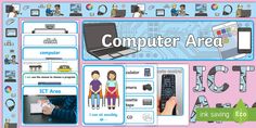 the computer area is filled with pictures and text