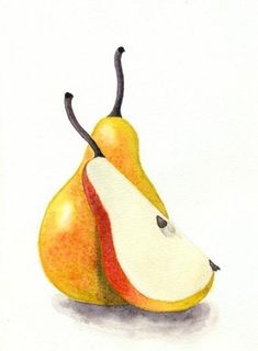 a watercolor painting of two pears with one cut in half