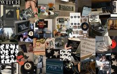 a collage of photos with various items and words on them in black and white