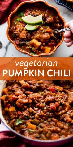 pumpkin chili in a bowl with the title above it and an image of someone holding a spoon