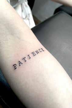 Tattoo word patience on inner forearm Patience Tattoo Design, Patience Tattoo Fonts, Patience Tattoo Ideas, Piercing And Tattoo, Men Tattoo Ideas, Tricep Tattoos, Small Snake Tattoo, Forever Tattoo