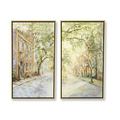 two paintings of trees and buildings on the wall