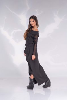 "Black Maxi Dress, Goth Dress, Plus Size Clothing ♛ All of Rosche's pieces are created with the sole purpose that YOU feel beautiful! Enjoy unique details in combination with high-quality materials every day and make an statement every place you go! ♛ A dress made of thick, elegant knitwear, fitted at the top, Sleeves narrow, tulle, long to wrinkle, stripped down, asymmetrical bottom, narrow at the bottom of the width of the step colors to be negotiated length approx. 135 cm, ♛ Perfect for every Black Asymmetrical Evening Dress For Wedding, Black Formal Dress With Asymmetrical Skirt, Black Asymmetrical Dress For Formal Occasions, Black Dress With Asymmetrical Neckline For Wedding, Black Asymmetrical Dress For Cocktail, Black Formal Midi Dress With Asymmetrical Skirt, Formal Black Midi Dress With Asymmetrical Skirt, Black Midi Dress With Asymmetrical Skirt For Formal Occasions, Black Maxi Dress With Asymmetrical Neckline For Wedding