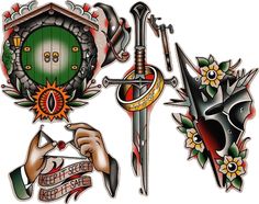 an assortment of tattoo designs including two swords, one with a shield and the other with flowers