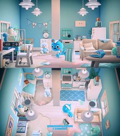 a room filled with furniture and lots of blue walls in the middle of a living room