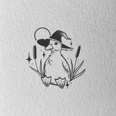 a black and white drawing of a bird wearing a hat