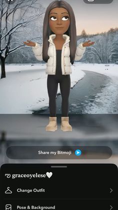 an animated girl standing in the snow with her hands out and looking at the camera