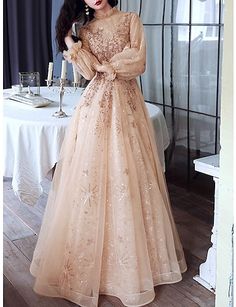 Gaun Tulle, Cheap Prom Dresses Online, Champagne Evening Dress, Modest Evening Dress, Dress High Neck, Gaun Fashion, Formal Evening Dress, Prom Dresses Modest, Evening Gowns Elegant