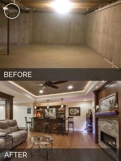 before and after pictures of a basement remodel