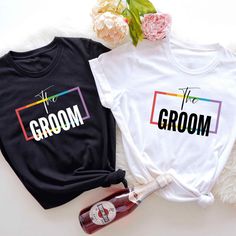 PRICE IS PER ONE ITEM This Groom shirt is a rainbow funky style! It is the perfect wedding or engagement gift for the groom-to-be, gay wedding gift, engagement announcement, etc! This Groom shirt is printed in a cute retro rainbow design makes the perfect gift for the LGBTQ groom to be at his bachelor party weekend! - Shirt Details:  * 100% ring-spun cotton * Sport Grey is 90% ring-spun cotton, 10% polyester * Dark Heather is 65% polyester, 35% cotton * 4.5 oz/y² (153 g/m²) * Pre-shrunk * Should Groom Squad, Bachelor Party Shirts, Queer Weddings, Groom Shirts, Wedding Party Shirts, Funky Style, Two Brides, Rainbow Fashion, Squad Shirt