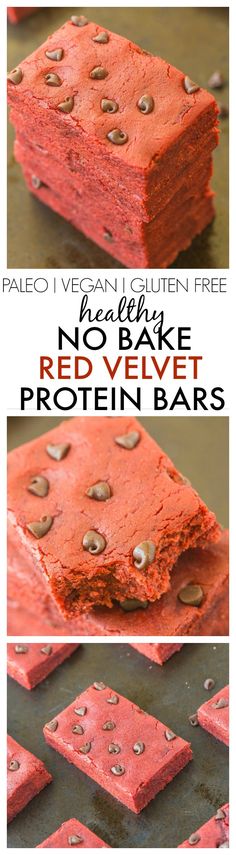 no bake red velvet protein bars with chocolate chips on top and the words palen gluen free