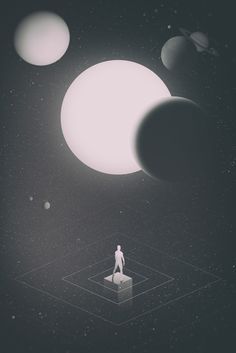 a man standing on top of a cube in the middle of space surrounded by planets