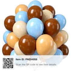 a bunch of balloons that are brown, blue and white with the qr code on them