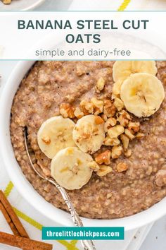 banana steel cut oats in a white bowl with cinnamon sticks on the side and text overlay