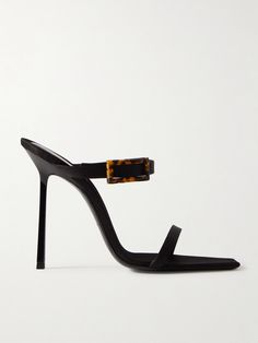 SAINT LAURENT's 'Oud' mules are made from satin in a simple, two strap silhouette - the one that traces across the arch of your foot is decorated with a tortoiseshell-effect buckle. They have square toes and rest on tapered 110mm heels. Heel Sandals Outfit, Two Strap Sandals, Shoes Hack, Platform Flip Flops, Flat Dress Shoes, The Arch, Boots And Sneakers, Walkers, Mules Shoes