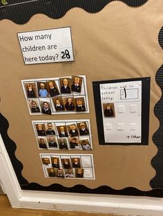 a bulletin board with pictures and words on it that say how many children are here today