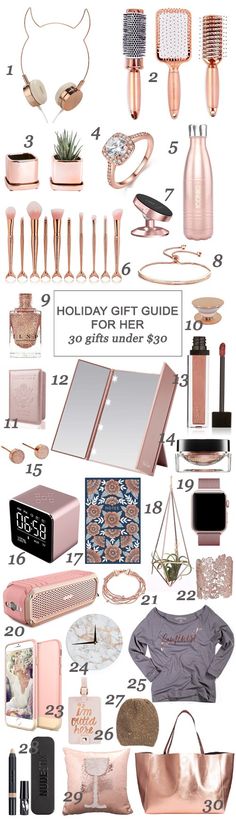 a collage of different types of purses and cosmetics on a white background with the words holiday gift guide written below it