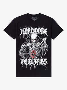 Sometimes our feelings can get pretty intense. This tee depicts a skeleton holding chains wrapped around an anatomical heart. "Hardcore feelings" is printed in a metal-inspired font.Officially licensed art by Global Threat.100% cottonWash cold; dry lowImportedListed in men'sunisex sizes Skeleton T Shirt, A Skeleton, Anatomical Heart, Hot Topic, Skeleton, Tops & Tees, Feelings, T Shirt, Clothes