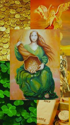 the collage is filled with pictures and gold coins, including a painting of a woman holding