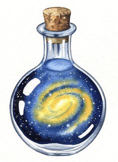 a painting of a bottle with a cork top on it and a galaxy in the bottom