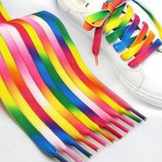 White Canvas Shoes, Elastic Shoe Laces, Gradient Print, Rainbow Shoes, White Casual Shoes, Lace Flats, Lace Shoes, Rainbow Gradient, Canvas Shoe