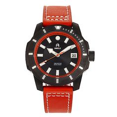 Keep functionality at the forefront with this Shield watch strapped around your wrist. A smooth leather strap keeps the simple dial in place to help you stay on track of your schedule. Diver Watch, Crystal Logo, Leather Watch Bands, Gucci Belt, Minerals Crystals, Black Orange, Leather Band, Watch Brands, Diver