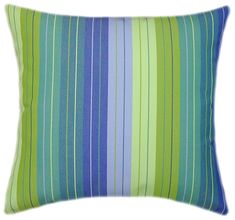 a blue and green striped pillow on a white background