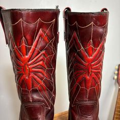 amazing one of a kind spider web boots size 10 in men's USA estimated, womens 9.5 usa  Texas brand  initials ED inside good condition, some creasing some fractures int he wood  , worn soles worn condition, scuffing marking and wear, deformation  no closures or zippers , pulls on  10.5" insoles  11" sole 3.5" ball 2" heel 13" total calf is 6"x 6" 7"  bridge width Western Style Fitted Platform Boots With Round Toe, Spider Pattern, Rodeo Queen, Western Rodeo, Cowboy Western, Western Cowboy, Spider Web, Boot Shoes Women, Red Leather