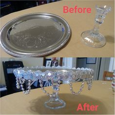 before and after photos of a crystal cake stand