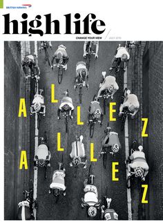 the front cover of highlife magazine with an aerial view of people riding bicycles and scooters