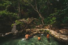 two men are wading in the water near some rocks and trees, while another man is standing next to them