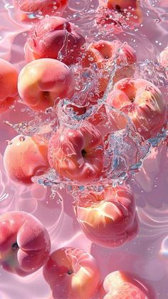 apples are being dropped into the water with splashes on them and pink hues