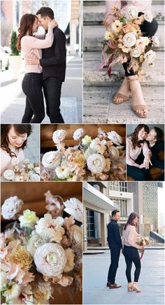 a collage of photos with flowers and people in the middle one is holding a bouquet