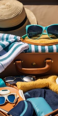 an open suitcase with sunglasses, towel and other items