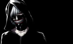 a person in a black hoodie with an evil smile on their face and the words tokyo ghoul kanneki keno