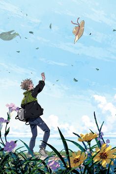 a man flying a kite in the sky over flowers and grass with birds above him