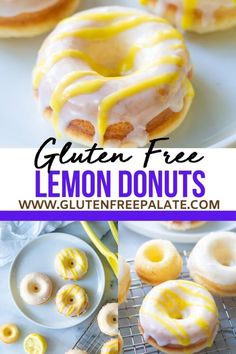 gluten free lemon donuts on a cooling rack and plate with glazed doughnuts