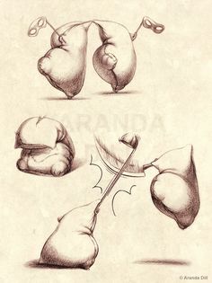 three different stages of drawing with pencils