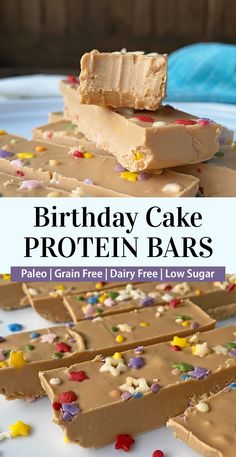 birthday cake protein bars stacked on top of each other