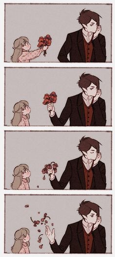 a comic strip with an image of two people holding flowers