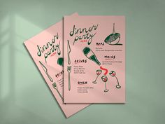 two pink menus with green and red designs on them, one is for dinner party