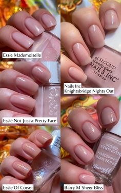 A complete review of five drugstore sheer pink nail polish colors with swatches – from Essie Mademoiselle to Barry M and Nails Inc, some of the best drugstore nude nail polishes! - - - - pink sheer nails aesthetic - light pink nail polish swatches - drugstore sheer nail polish swatches - nude nails - barry m nail polish swatches - nails inc nail polish swatches - essie of corset - essie mademoiselle swatch - essie not just a pretty face swatch - barry m sheer bliss swatch - nails inc knightsbridge nights out swatch - pink nude nail polish swatches Nails Inc Polish, Pink Sheer Nails, Nude Pink Nail Polish, Corset Nails, Pink Nail Polish Colors, Mauve Nail Polish, Light Pink Nail Polish