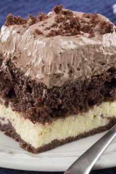 a close up of a piece of cake on a plate with a fork near by