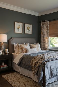 a bedroom with a large bed and two lamps on either side of the window sill