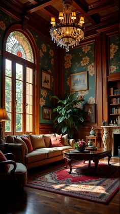 a living room filled with furniture and a chandelier