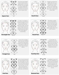 Perfect Frames For your Face Shape Glasses For Face Type, Frames For Long Faces Glasses, Different Types Of Glasses Frames, Oblong Face Eyeglasses, Types Of Sunglasses Face Shapes, Best Glasses Shape For Oval Face, Glasses Frames For Women Triangle Face, Glass Frame For Oval Face, Types Of Frames Glasses