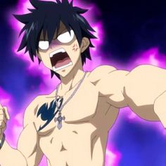 an anime character with black hair and no shirt on, holding his fist up in the air