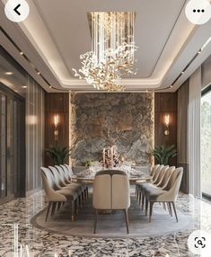 an elegant dining room with marble flooring and chandelier hanging from the ceiling