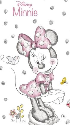 a drawing of minnie mouse with polka dots on it's head and the name minnie