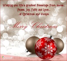 merry christmas card with two ornaments and snowflakes in the background on a festive holiday greeting